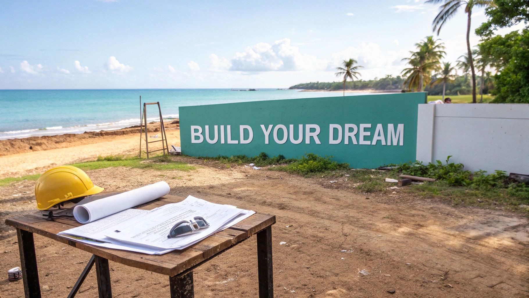 Planos de construcción, un casco y un cartel que dice "CONSTRUYE TU SUEÑO" frente a una hermosa playa.