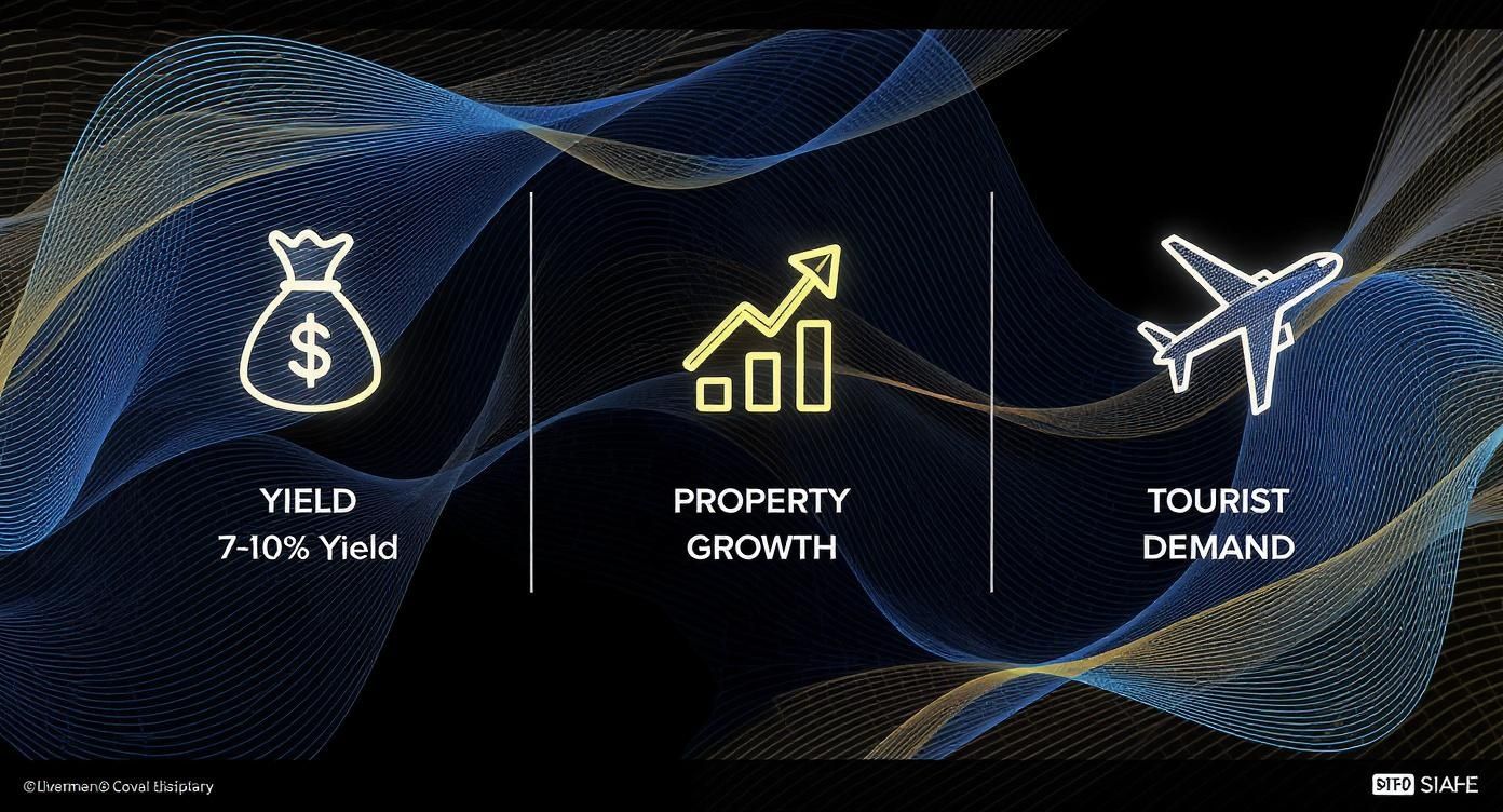 Un gráfico que ilustra los factores clave de inversión: rendimiento, crecimiento de la propiedad y demanda turística con los íconos correspondientes.