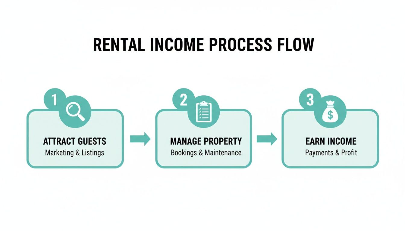 Diagramme de flux du processus de génération de revenus locatifs en trois étapes : attirer les clients, gérer le bien et percevoir les revenus.