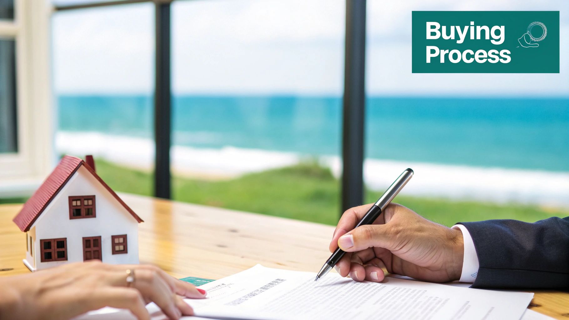 Una persona firma documentos inmobiliarios en una mesa con una casa modelo, con vista a una playa del Caribe.
