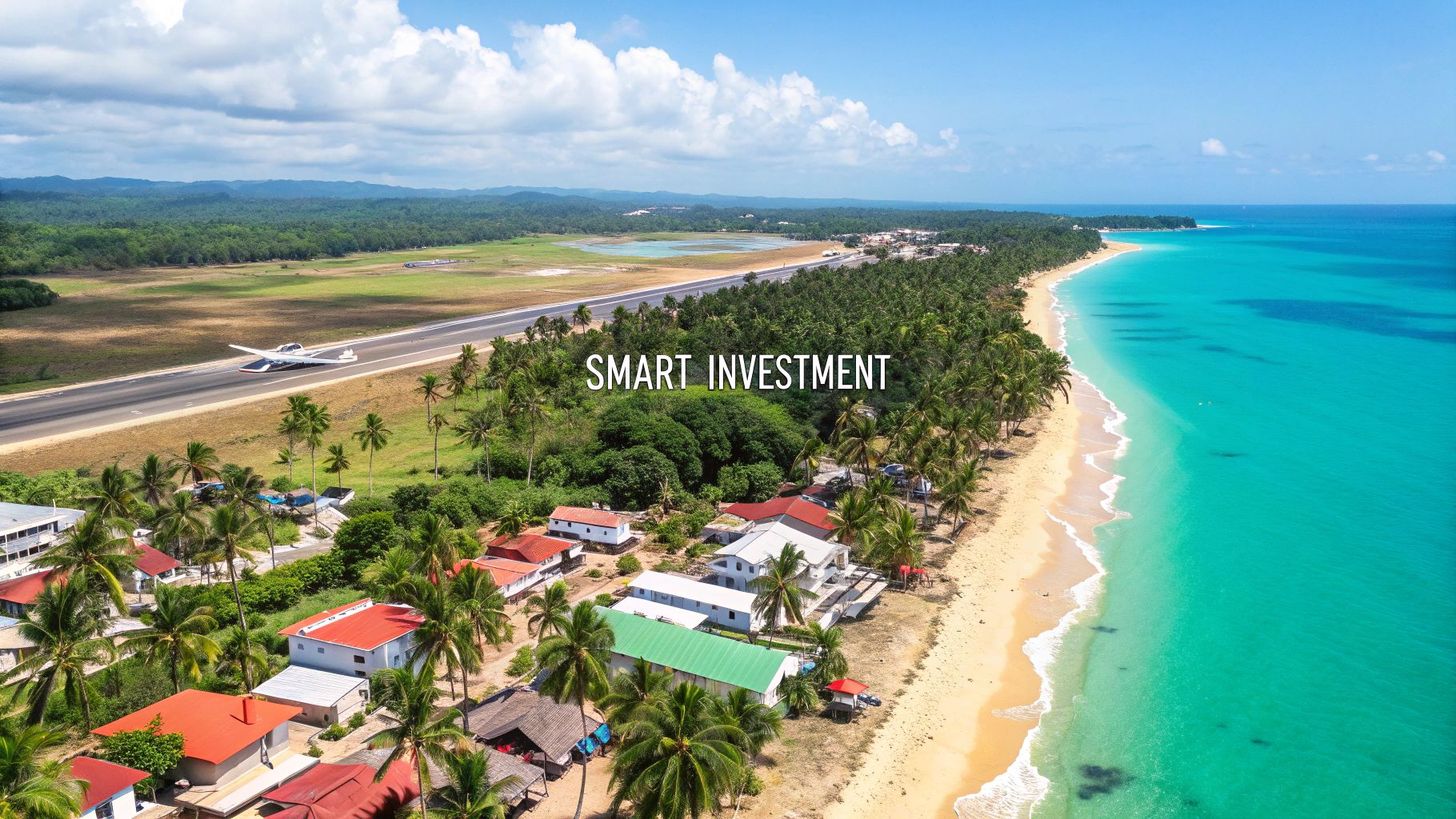 Vista aérea de una playa tropical con un avión en la pista, palmeras y un océano turquesa claro.