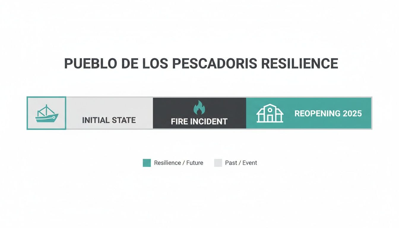 Cronología de resiliencia de un pueblo de pescadores, que muestra el estado inicial, el incendio y la reapertura en 2025.