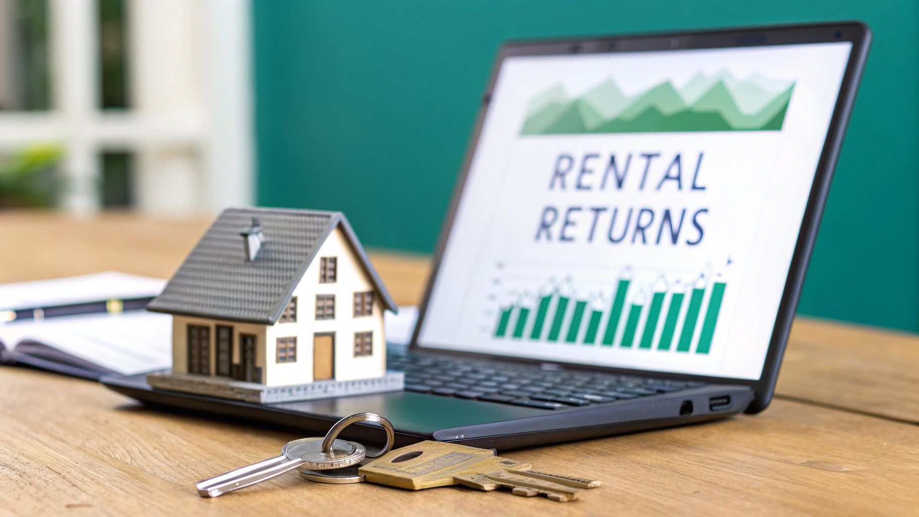 Une maison miniature, des clés et un ordinateur portable affichant « Retours locatifs » sur un bureau en bois.