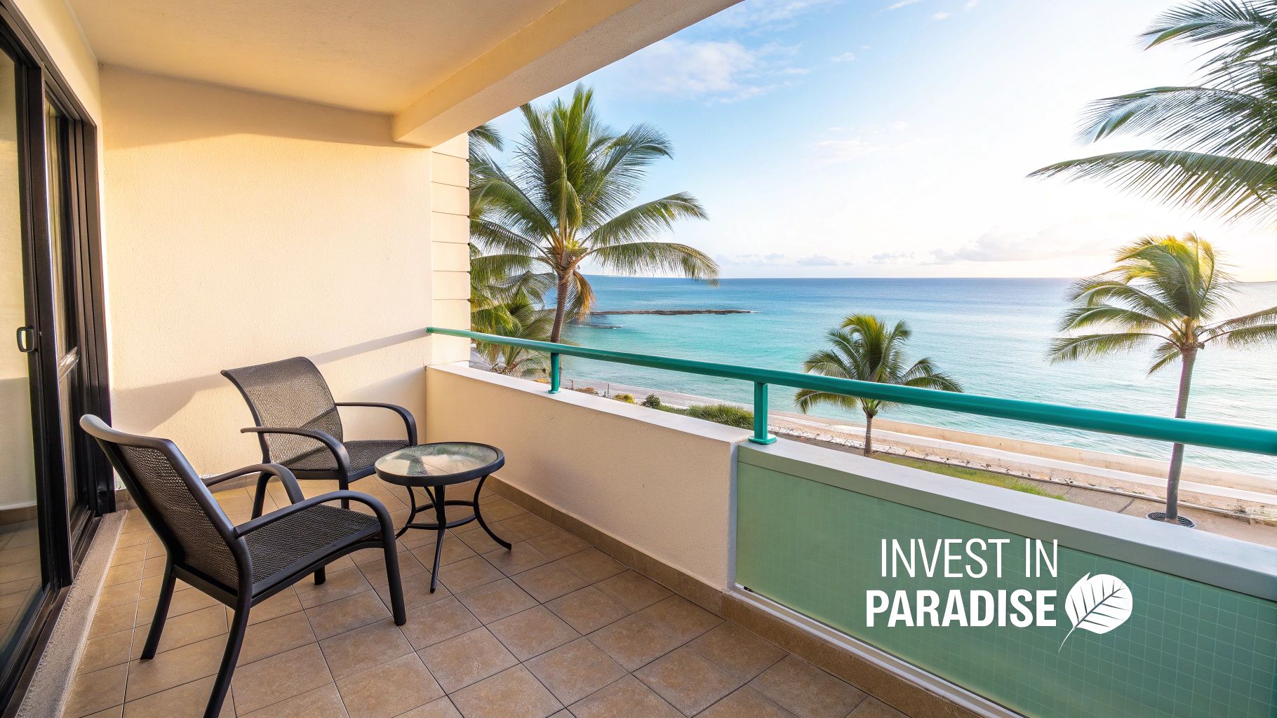 Impresionante vista al mar desde el balcón de un moderno apartamento en República Dominicana.