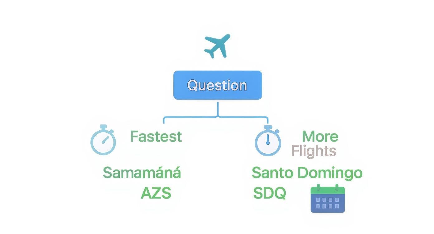 Cuadro comparativo de vuelos que muestra las opciones de rutas más rápidas a Samaná AZS versus más vuelos a Santo Domingo SDQ.