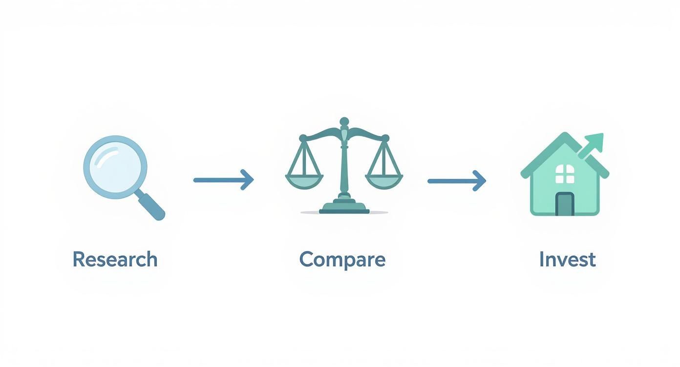 Processus d'investissement immobilier en trois étapes : recherche approfondie, comparaison et investissement immobilier.
