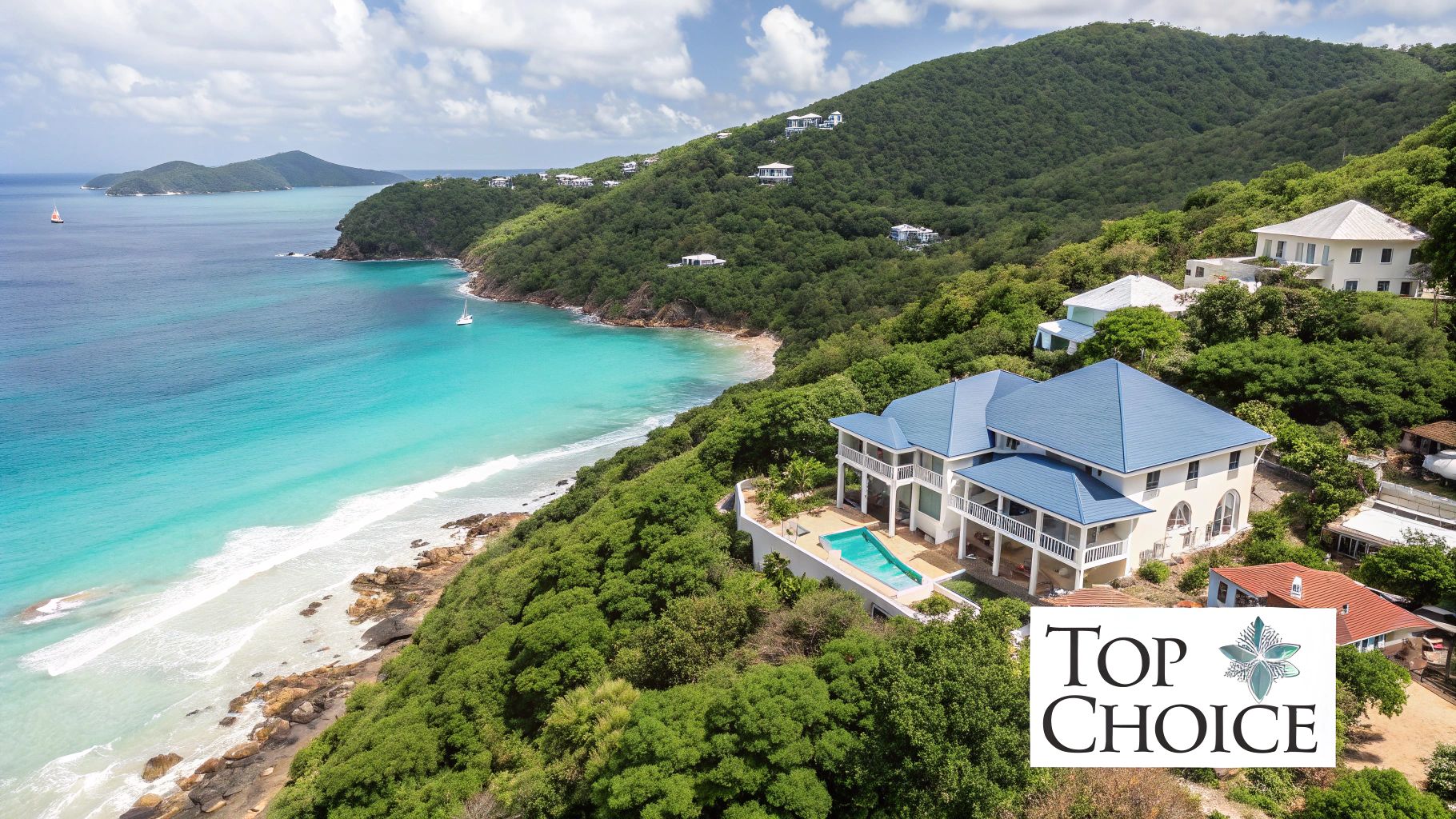 Una villa moderna con piscina infinita con vista a una exuberante costa tropical en la República Dominicana.