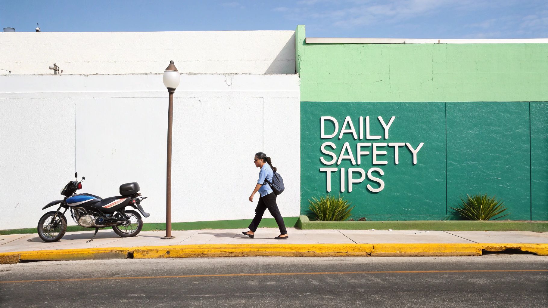 Una persona camina por una acera pasando por un edificio con 'CONSEJOS DE SEGURIDAD DIARIOS' y una motocicleta.