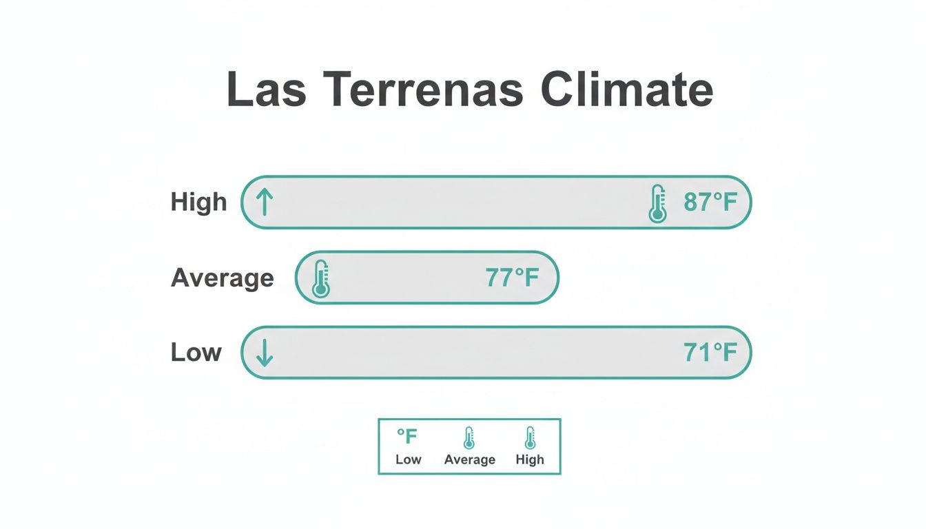 Datos climáticos de Las Terrenas, que muestran temperaturas máximas de 87 °F, promedio de 77 °F y mínimas de 71 °F.