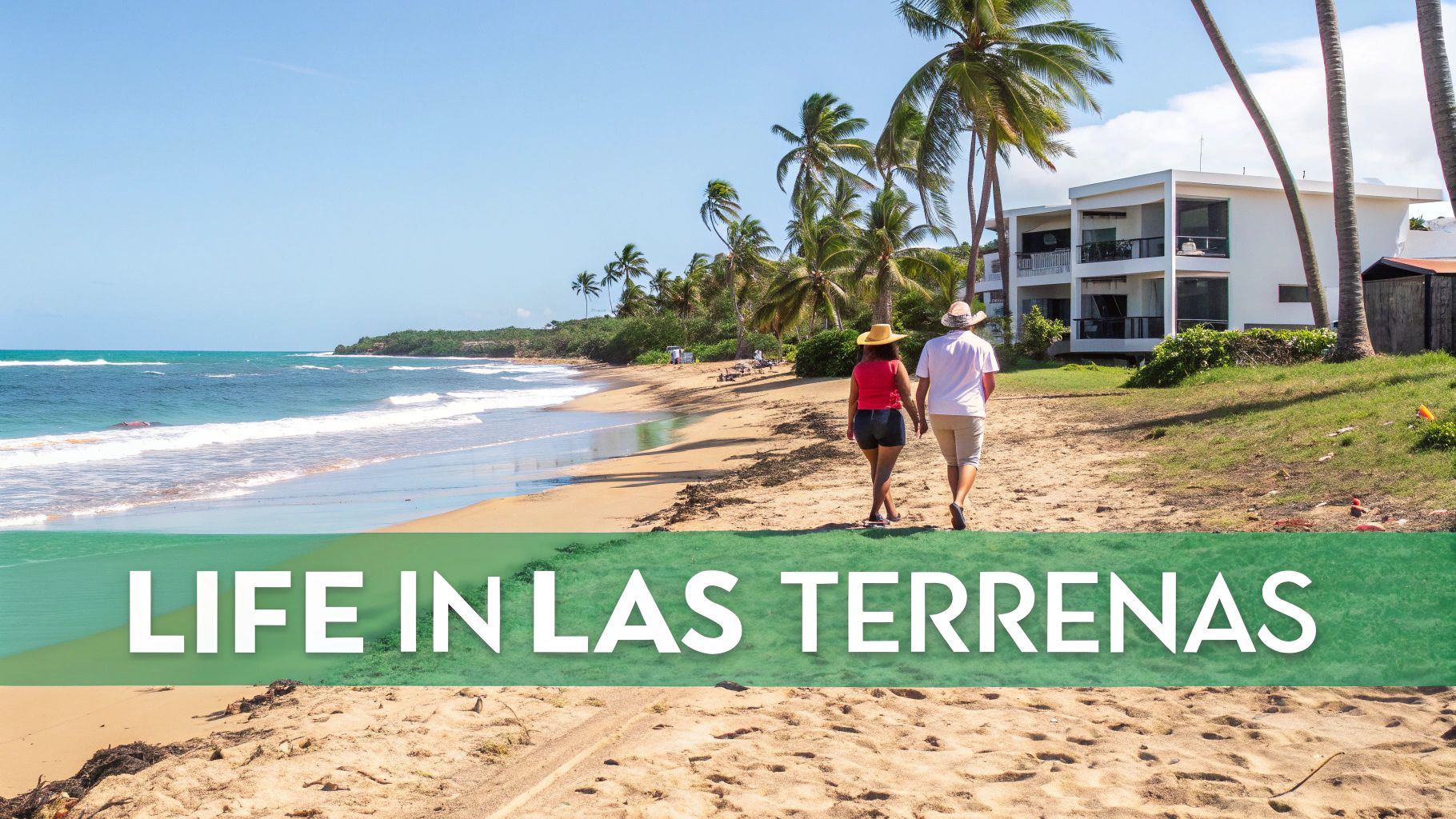 A serene, palm-fringed beach in Las Terrenas at sunset, reflecting the idyllic lifestyle.