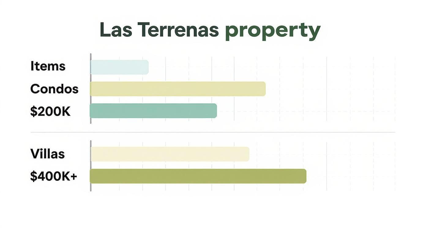 Graphique à barres illustrant les catégories de propriétés et les fourchettes de prix à Las Terrenas, y compris les appartements et les villas.