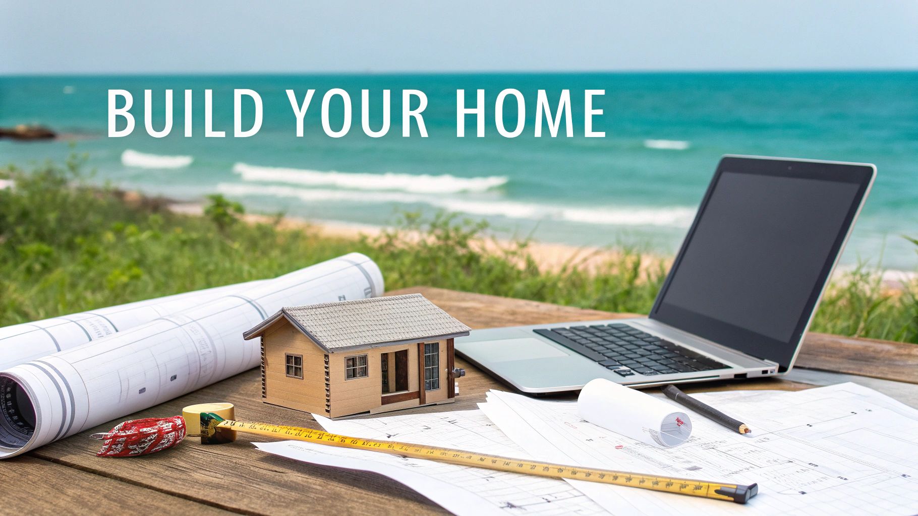 Une maquette de petite maison, des plans et un ordinateur portable sur une table avec vue sur la plage, avec le texte « CONSTRUISEZ VOTRE MAISON ».