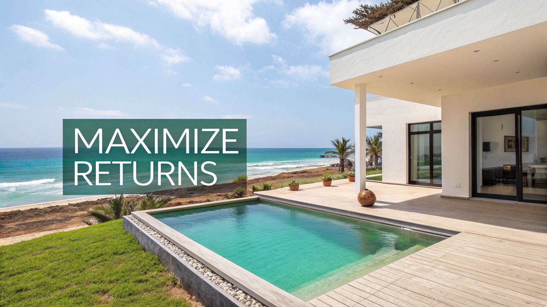 Maison de luxe moderne avec piscine sur une plage privée donnant sur l'océan bleu.