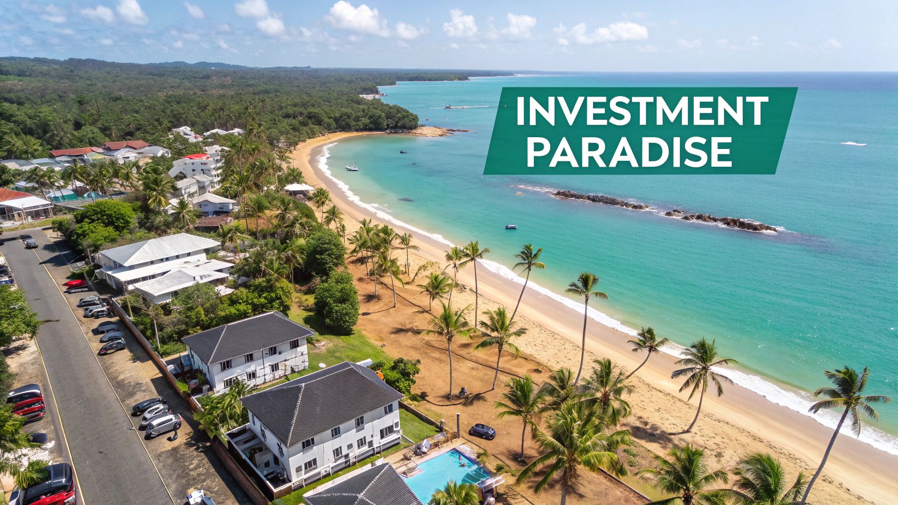 Vista aérea de uma vibrante cidade turística tropical à beira-mar, com casas, palmeiras e oceano turquesa, exibindo a inscrição 'PARAÍSO DE INVESTIMENTO'.