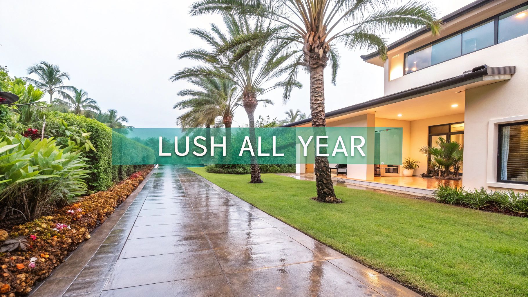 Un hermoso jardín tropical con palmeras, un césped verde y una casa moderna después de la lluvia.