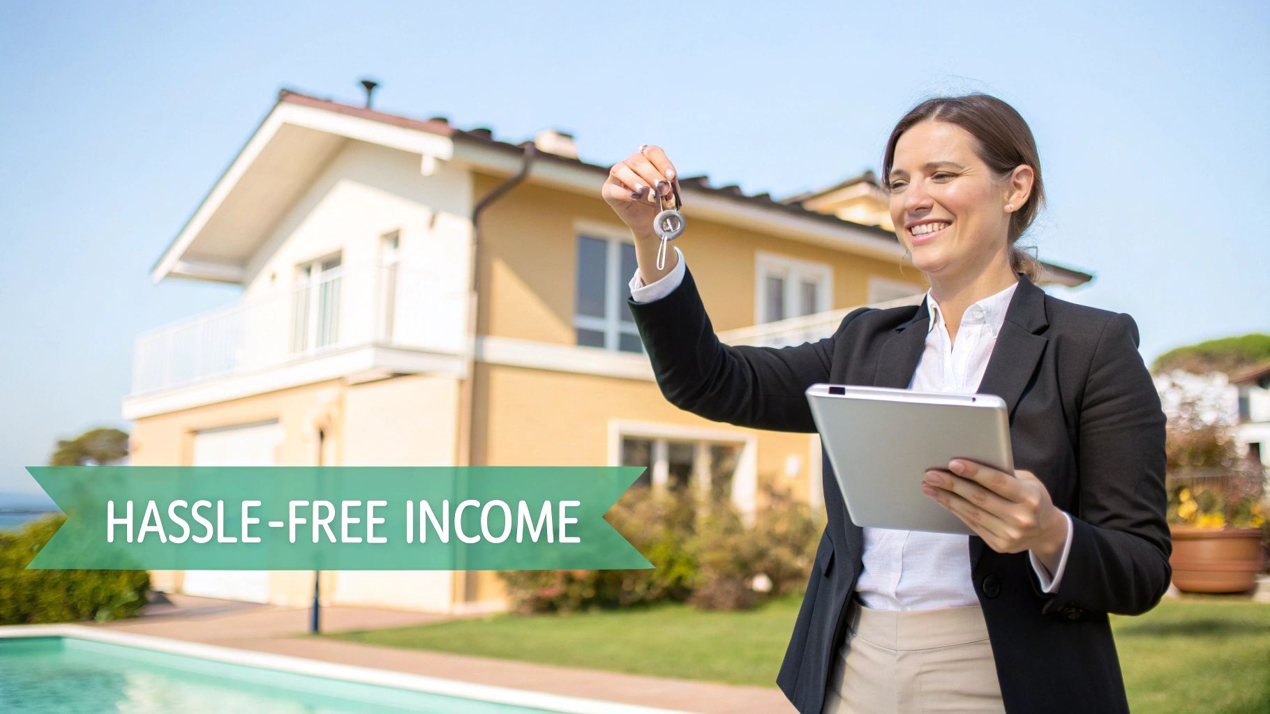 Un agent immobilier souriant tient des clés et une tablette devant une maison moderne avec piscine, vantant des « REVENUS SANS TRACAS ».