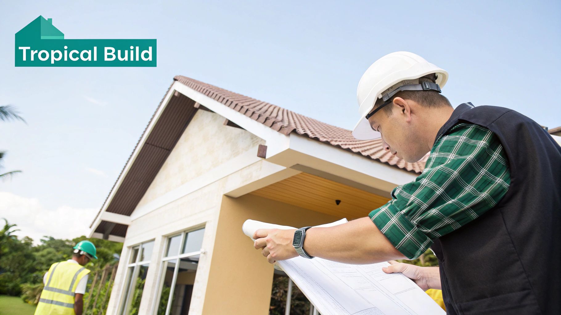 Un trabajador de la construcción con casco revisa los planos en un sitio de construcción de una casa tropical.