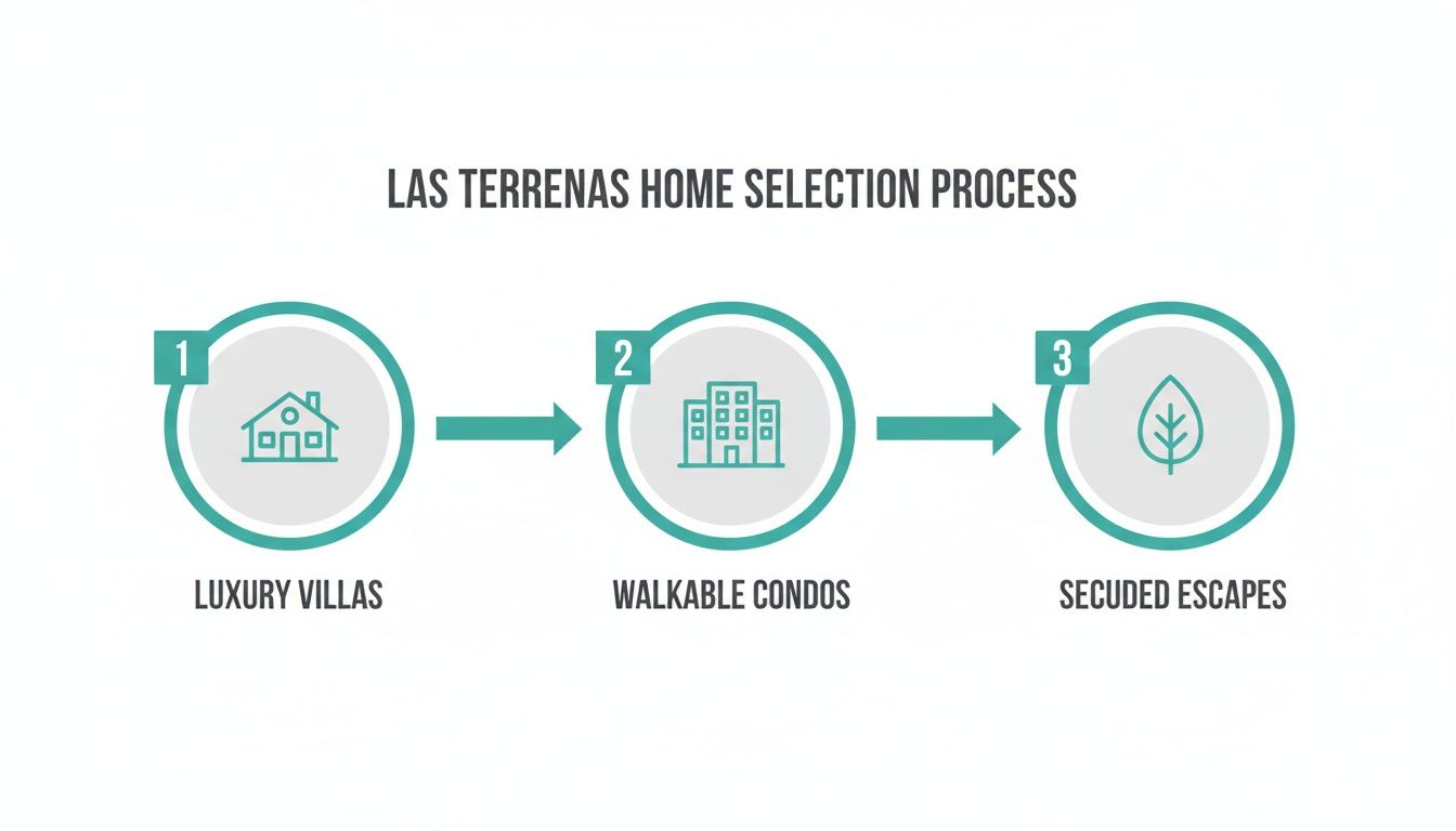 Infográfico que ilustra o processo de seleção de imóveis em Las Terrenas, com vilas de luxo, condomínios a poucos passos de tudo e refúgios isolados.