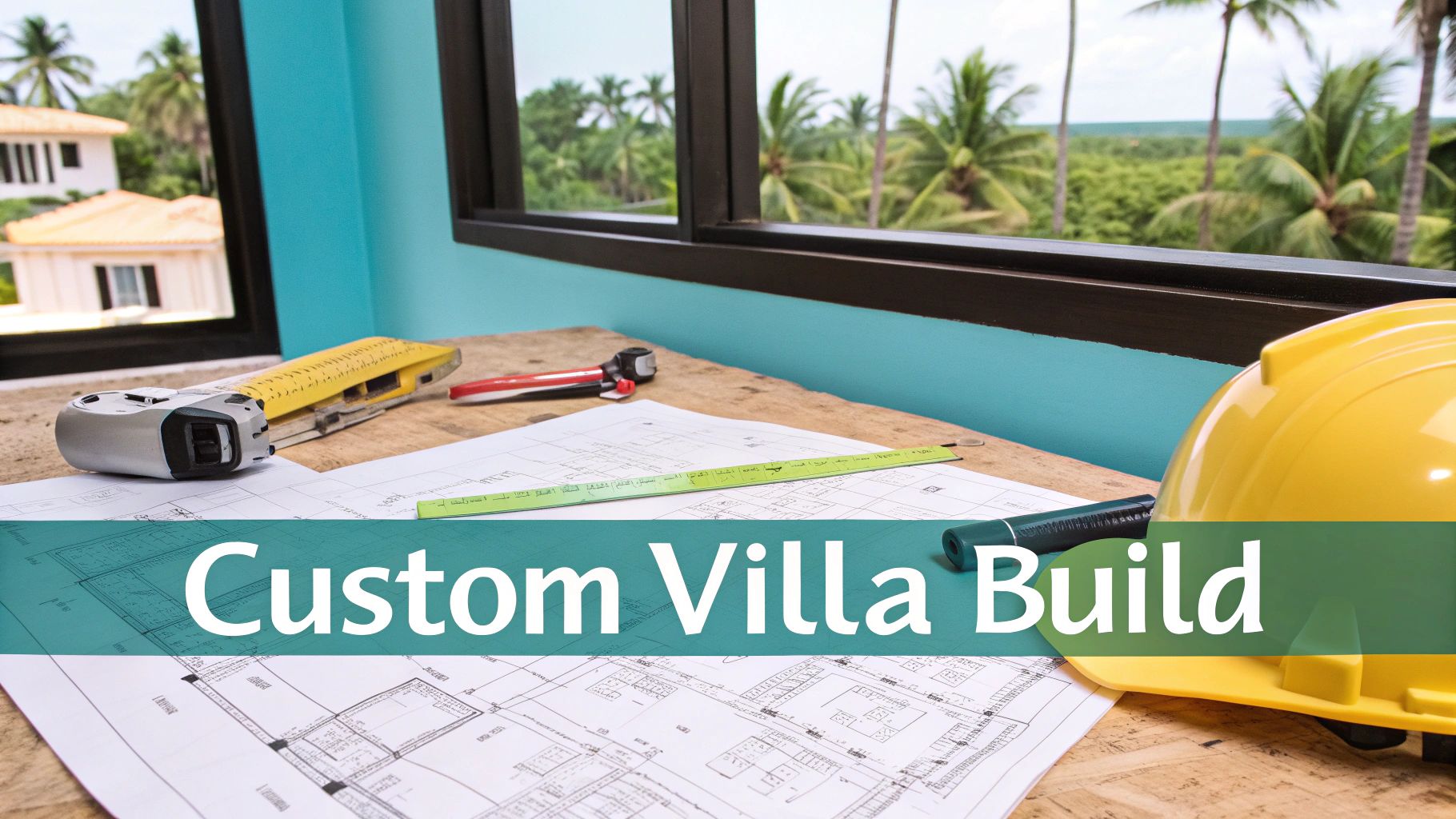 Planos arquitectónicos y herramientas de construcción sobre una mesa con vista a una villa tropical, con el texto "Construcción de villa personalizada".