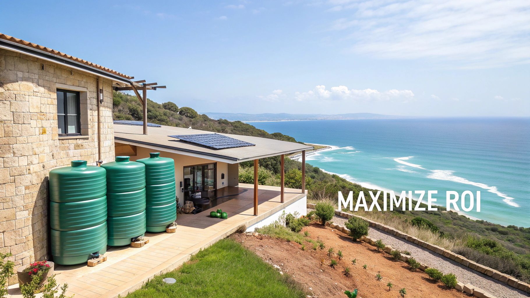 Maison de luxe durable avec murs en pierre, panneaux solaires et réserve d'eau en bord de mer.