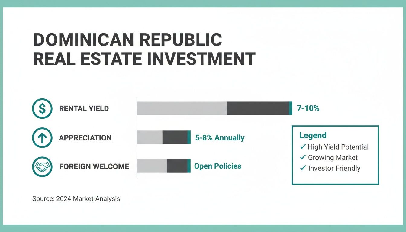 Infografía que detalla la inversión inmobiliaria en República Dominicana, incluyendo el rendimiento del alquiler y la apreciación.