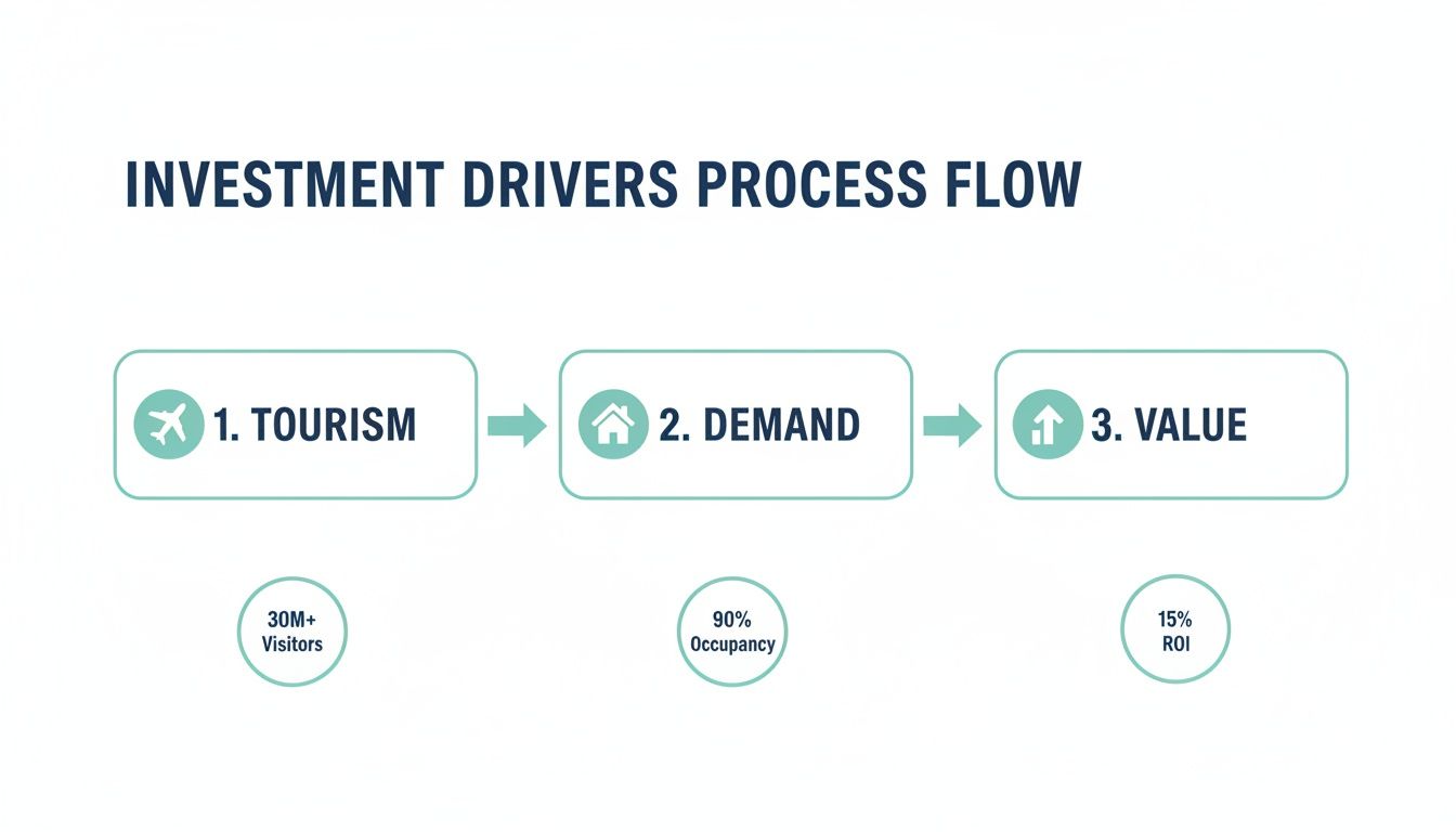 Diagrama de flujo del proceso de impulsores de inversión que muestra el turismo, la demanda y el valor con métricas clave.