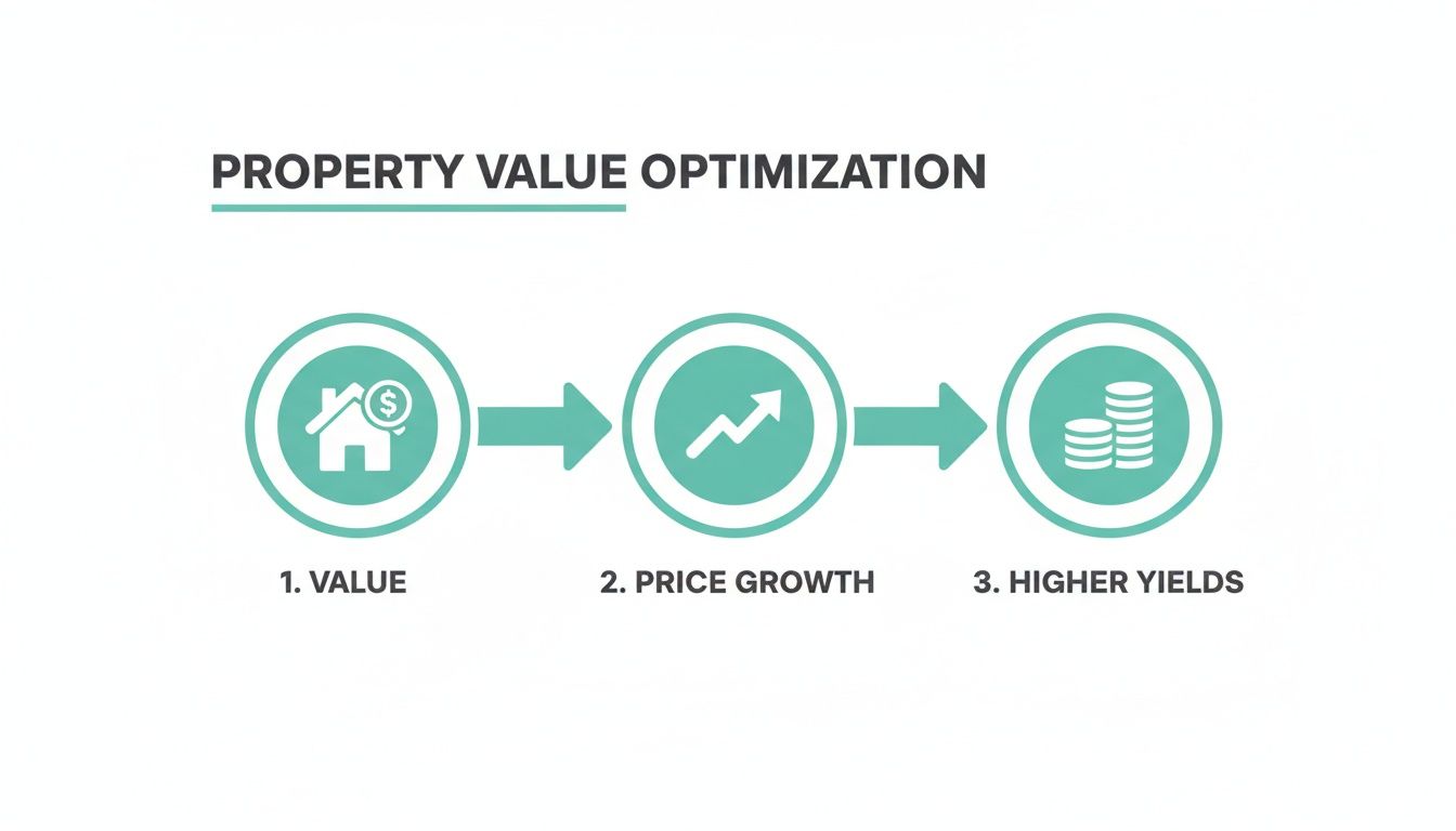 Una infografía que ilustra la optimización del valor de la propiedad, mostrando una progresión desde el crecimiento del valor hasta el crecimiento del precio y mayores rendimientos.