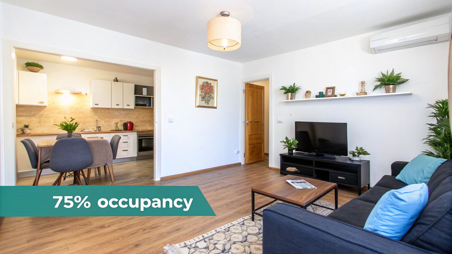 Un salon et une cuisine modernes à aire ouverte avec canapé, télévision, table à manger et décoration contemporaine.