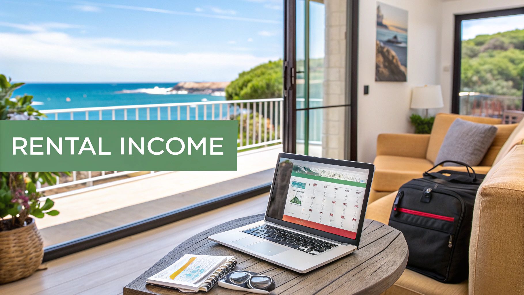 Una computadora portátil sobre una mesa de café que muestra un calendario de alquiler, con el texto 'INGRESOS POR ALQUILER', con vista a una soleada vista al mar.