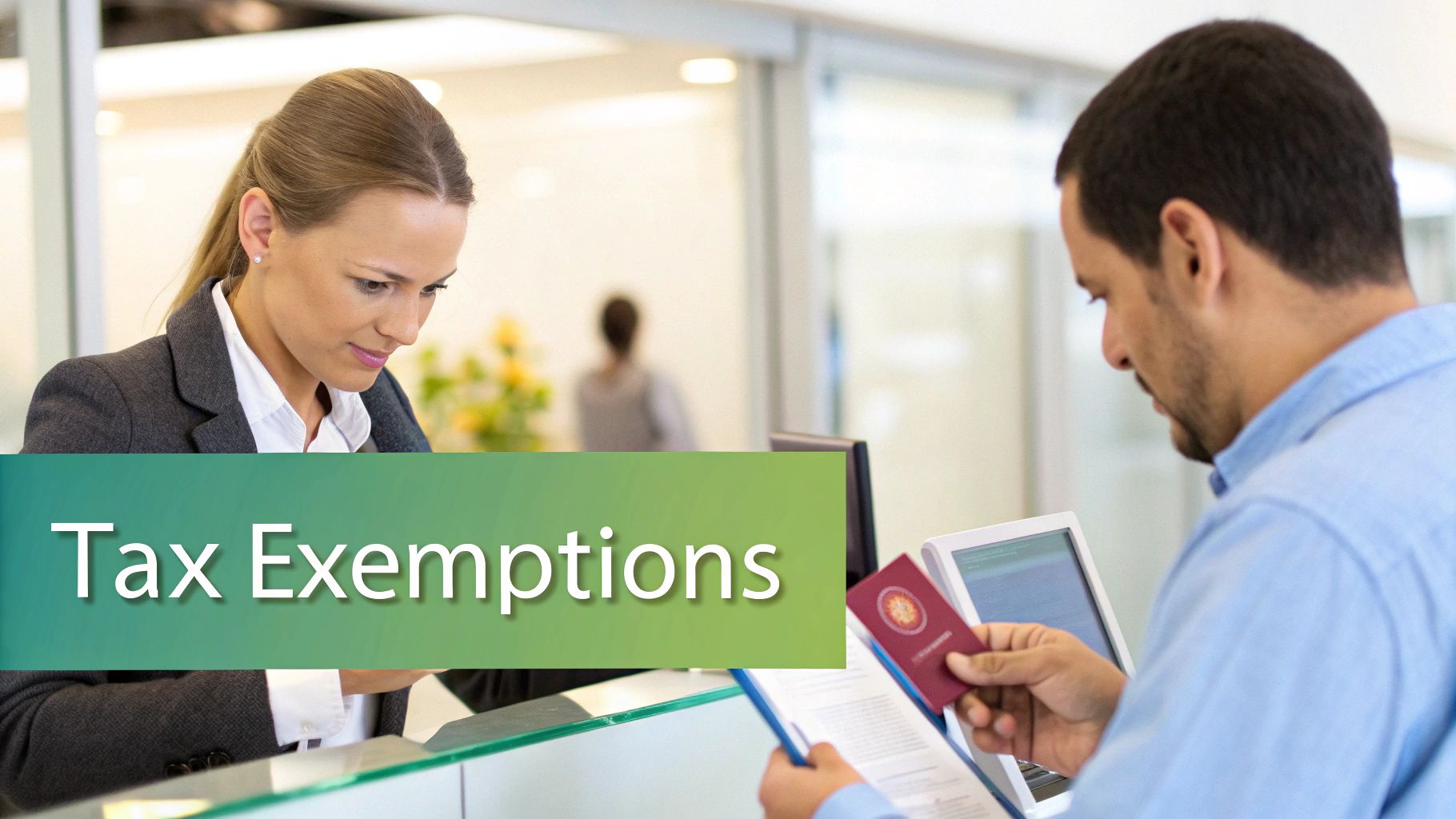 Una persona muestra su tarjeta de residencia en el mostrador de facturación de una aerolínea.