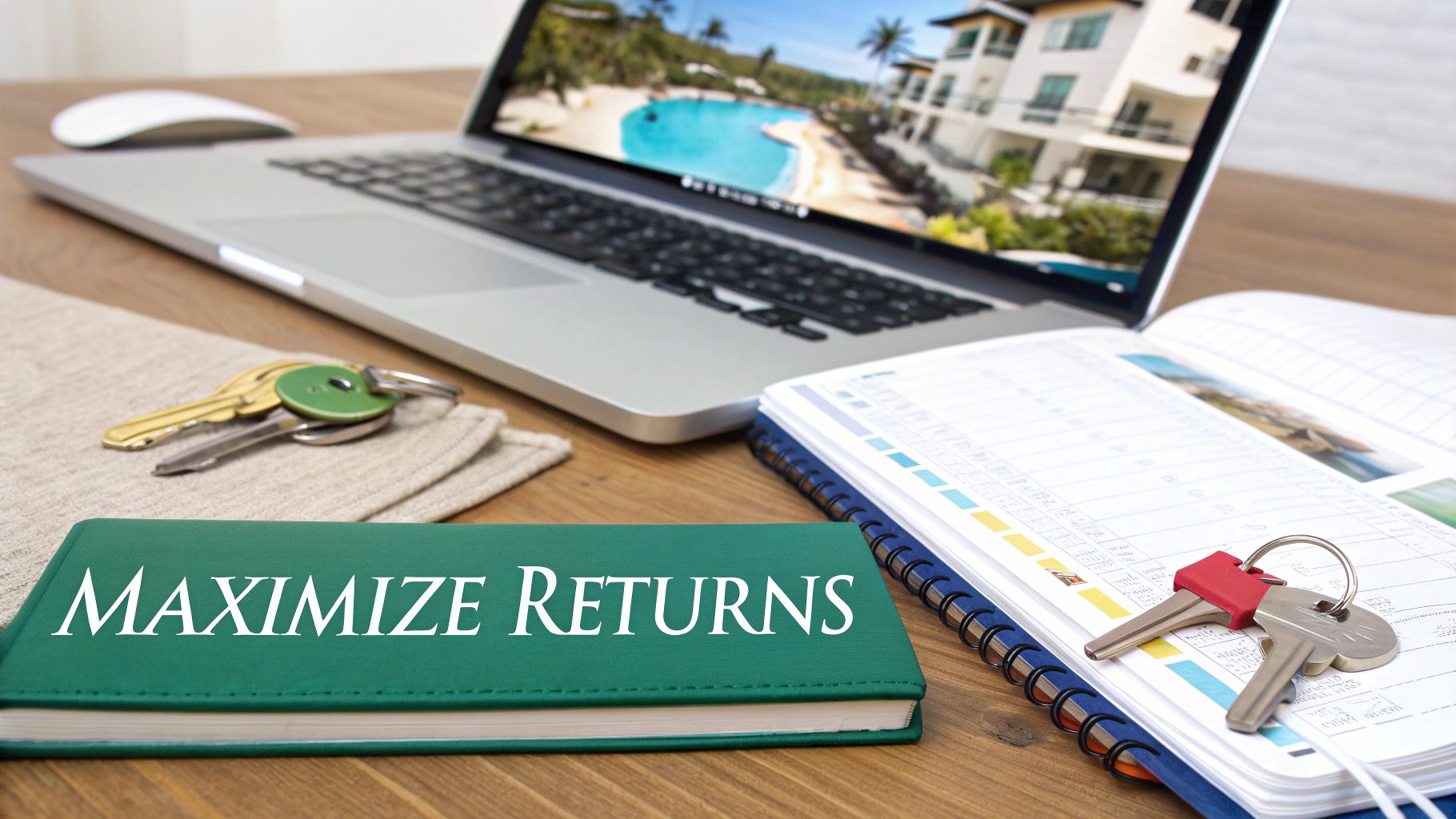 Una calculadora y unas llaves de casa sobre una mesa de madera, simbolizando la rentabilidad de las inversiones inmobiliarias.