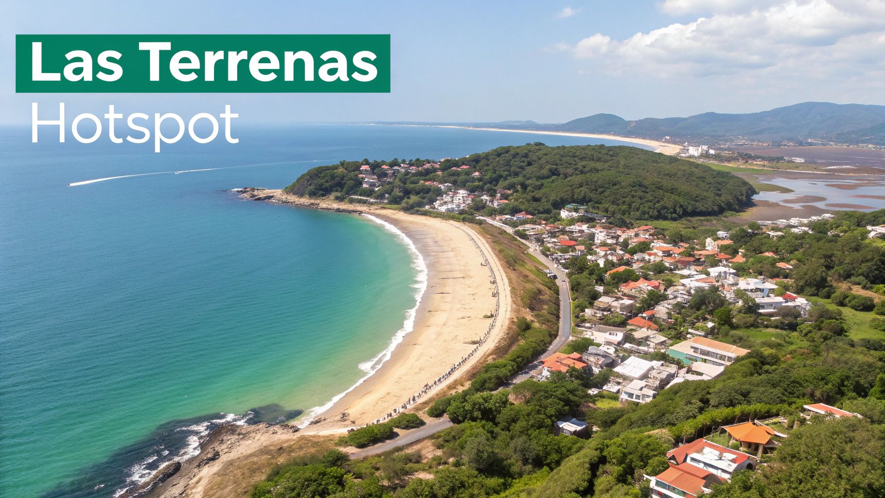 Vista aérea de Las Terrenas, República Dominicana, que muestra una vibrante ciudad costera y una hermosa playa.