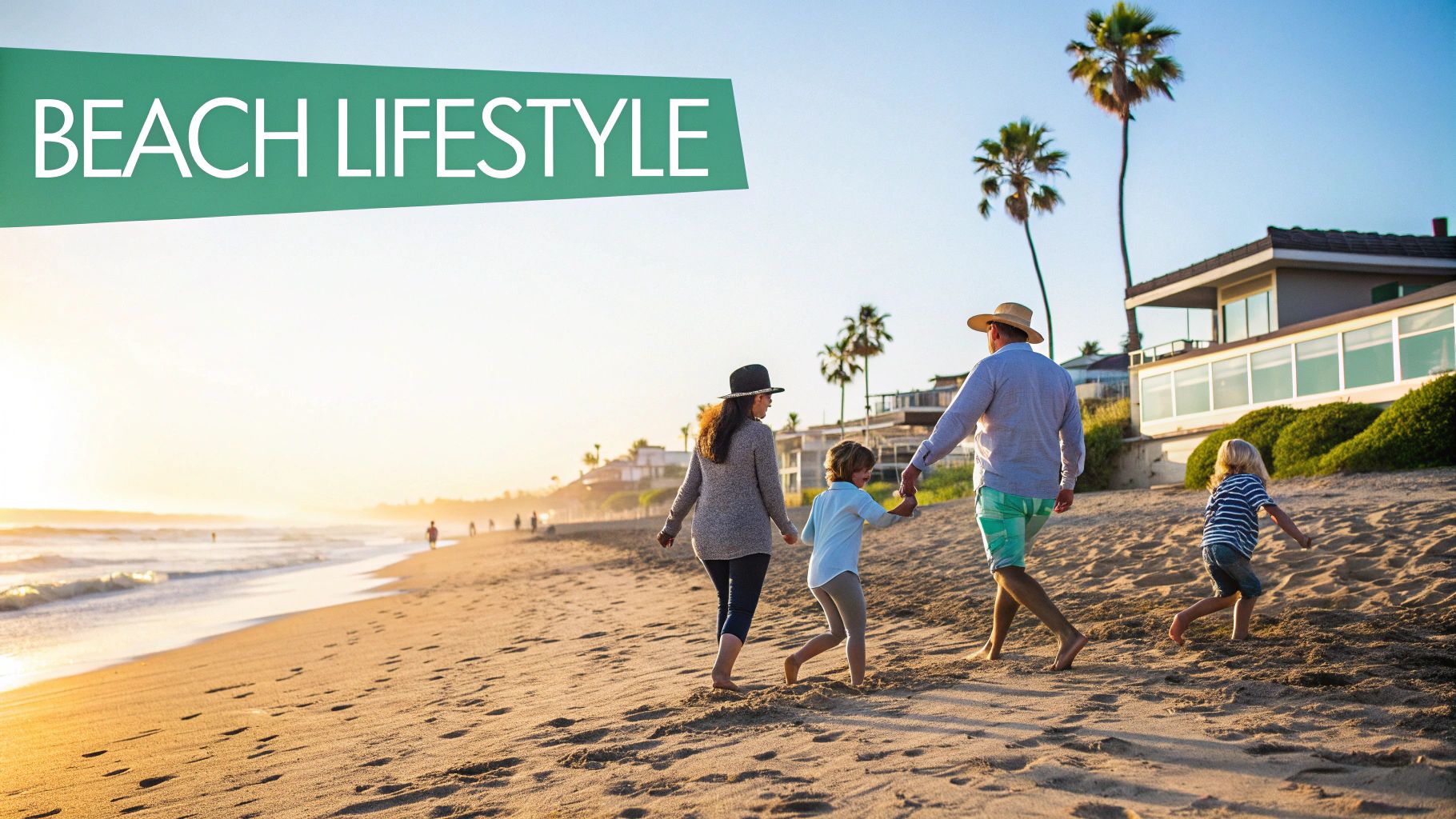 Une famille se promène main dans la main sur une plage de sable fin bordée de maisons de plage et de palmiers au coucher du soleil.