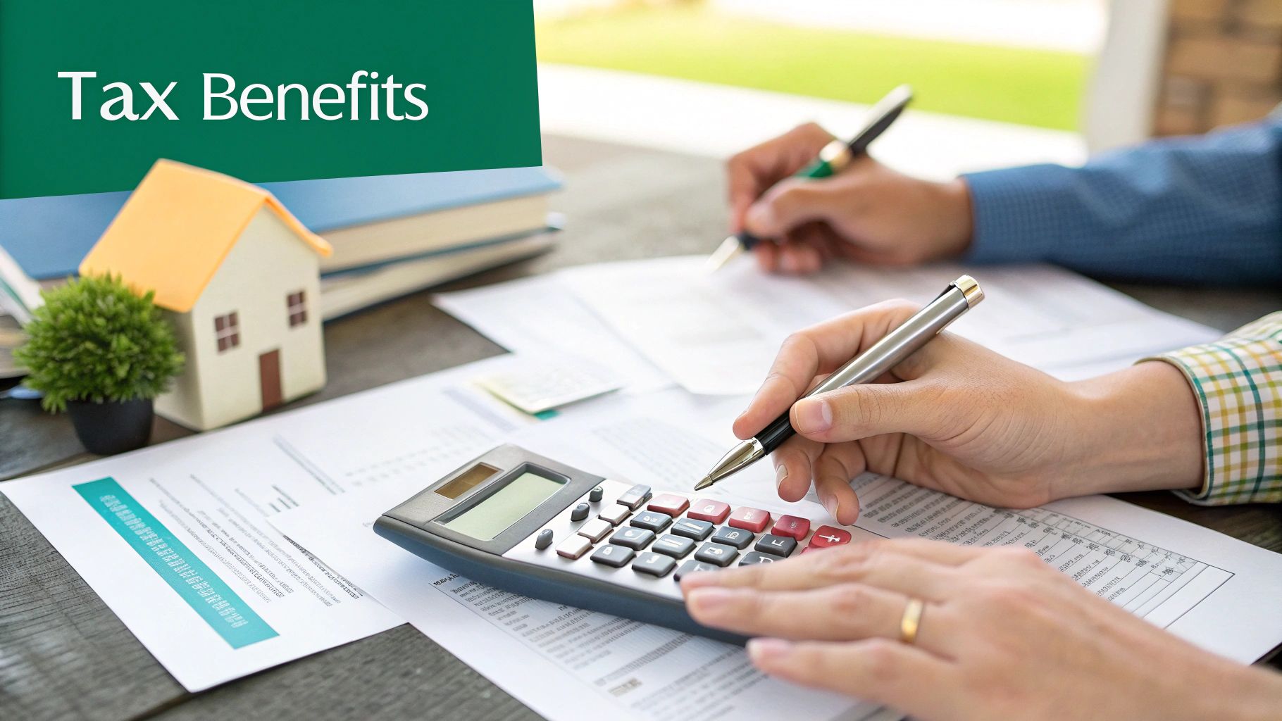 Una calculadora moderna y un bolígrafo sobre planos arquitectónicos, que simbolizan la planificación financiera para una inversión inmobiliaria.