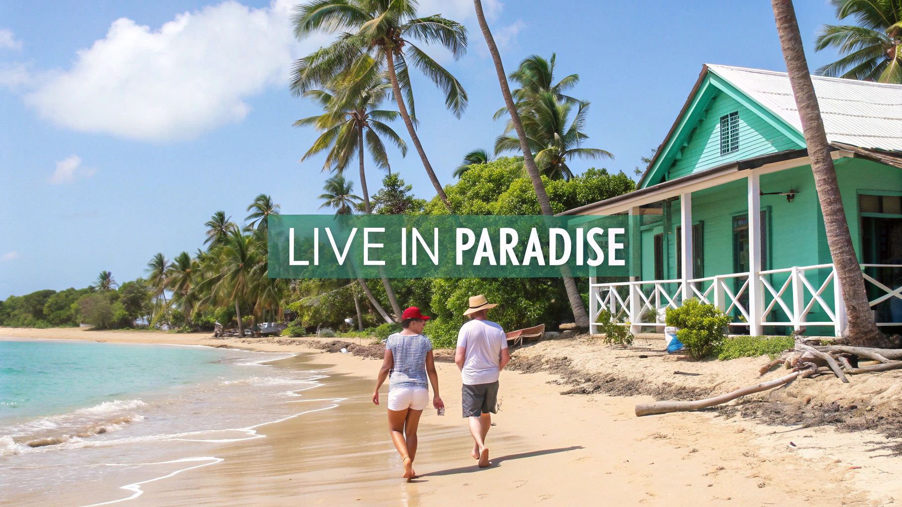 Deux personnes marchent pieds nus sur une plage de sable fin ensoleillée, à côté d'une maison turquoise et de palmiers.