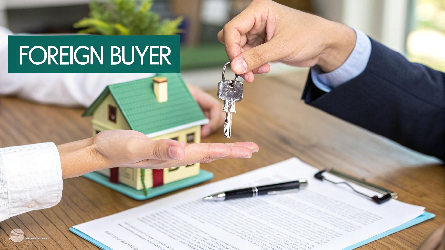 Las manos de una persona firmando un contrato inmobiliario con un bolígrafo sobre un escritorio de madera.