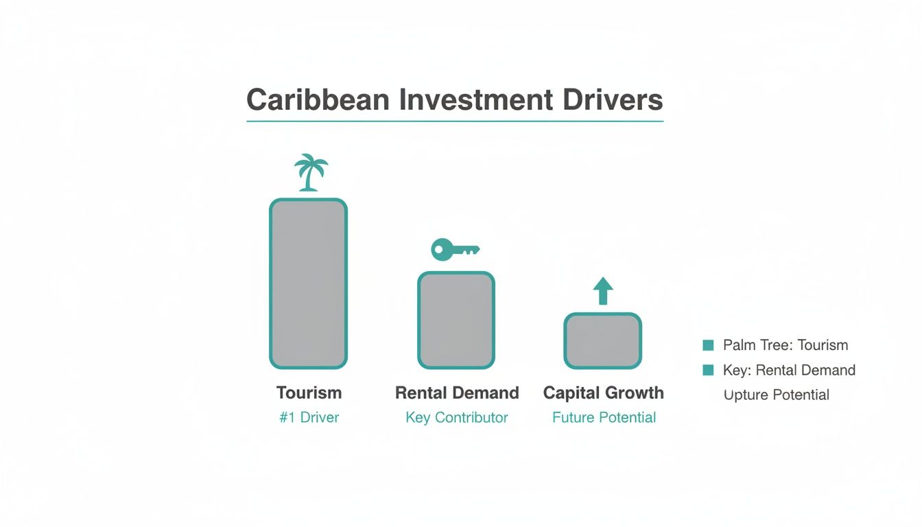 Infografía que ilustra los impulsores de la inversión en el Caribe: el turismo como número 1, la demanda de alquiler como clave y el crecimiento del capital como potencial futuro.