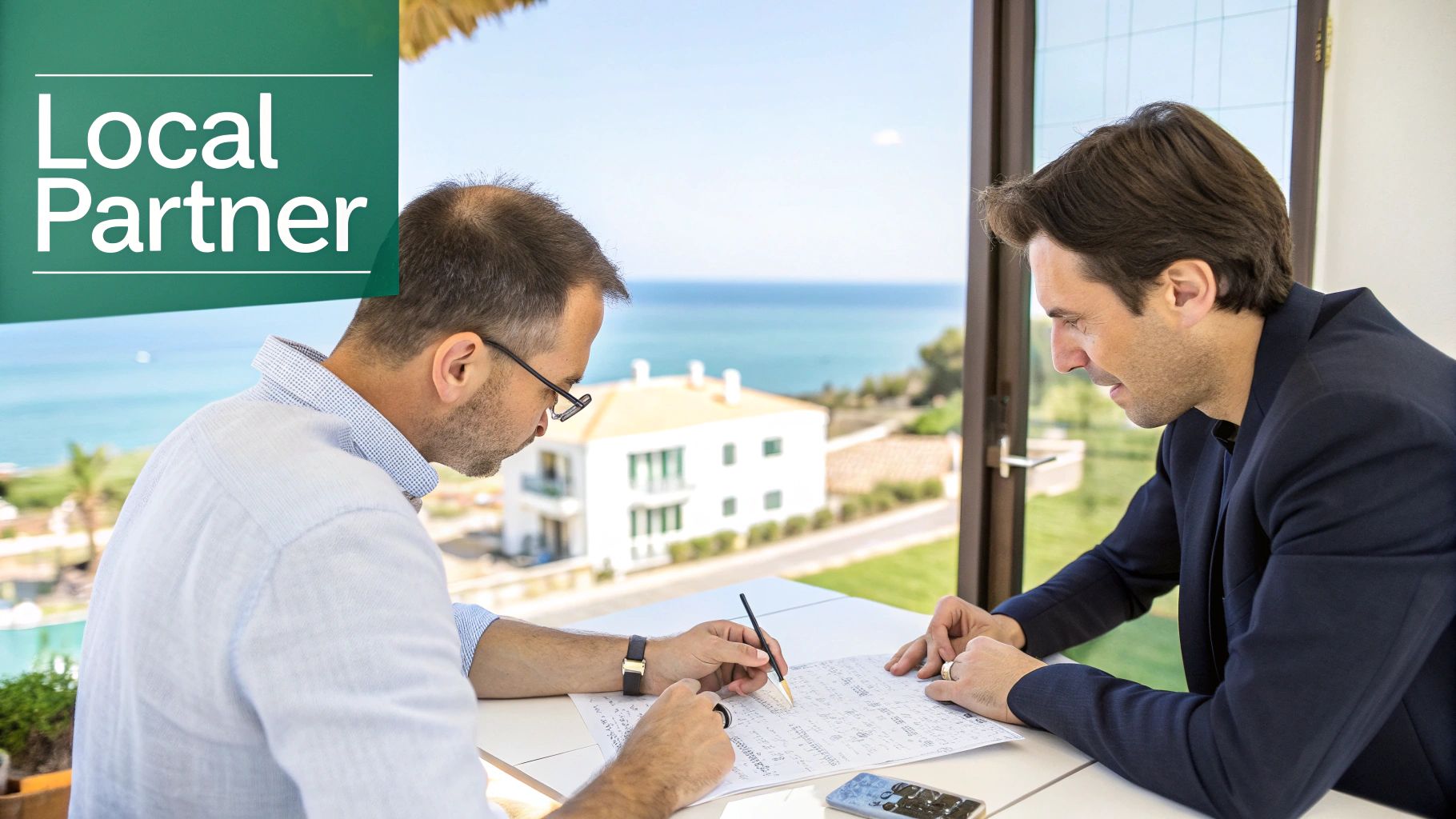 Dos socios comerciales revisando documentos en una mesa con una hermosa vista al mar.
