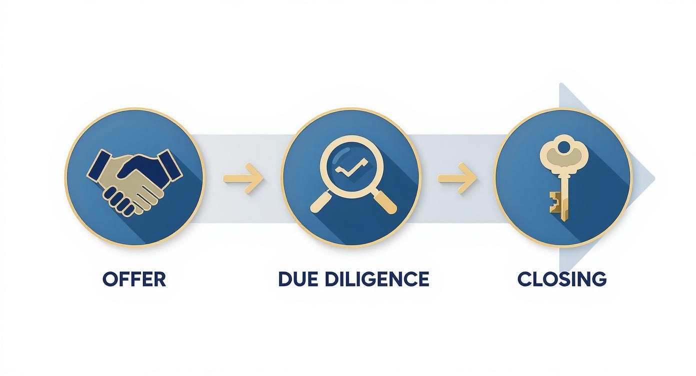 Un diagrama de proceso que muestra los tres pasos de una transacción inmobiliaria: Oferta, diligencia debida y cierre.
