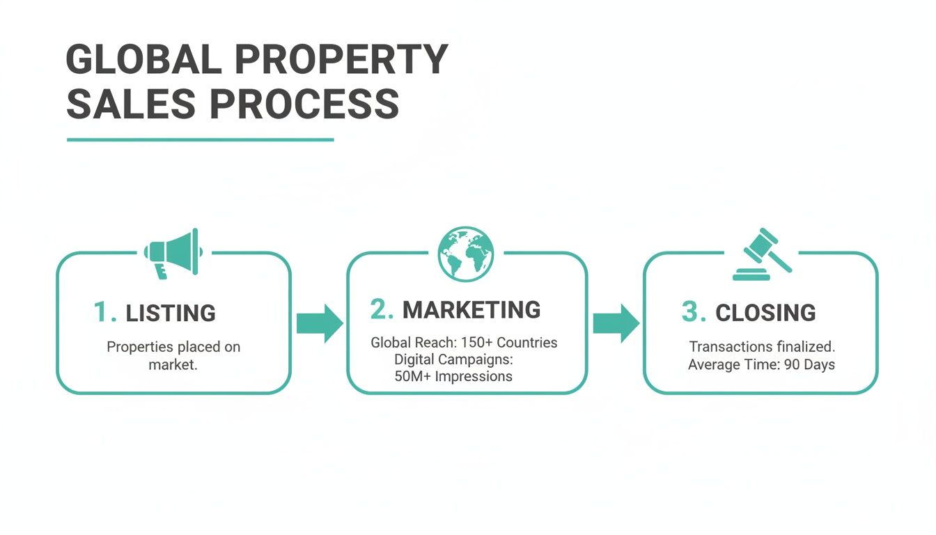 Un diagrama de flujo claro que describe el proceso global de venta de propiedades, incluidas las etapas de cotización, comercialización y cierre.