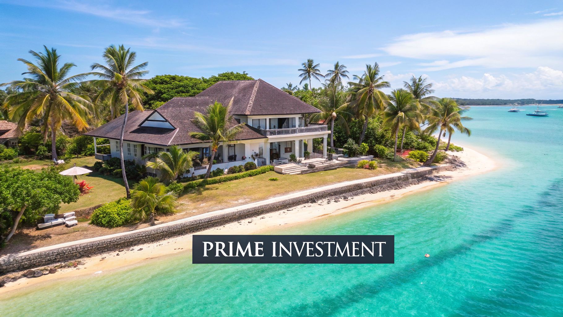 Una vista impresionante de una propiedad frente al mar en la República Dominicana con exuberante vegetación y agua azul cristalina.