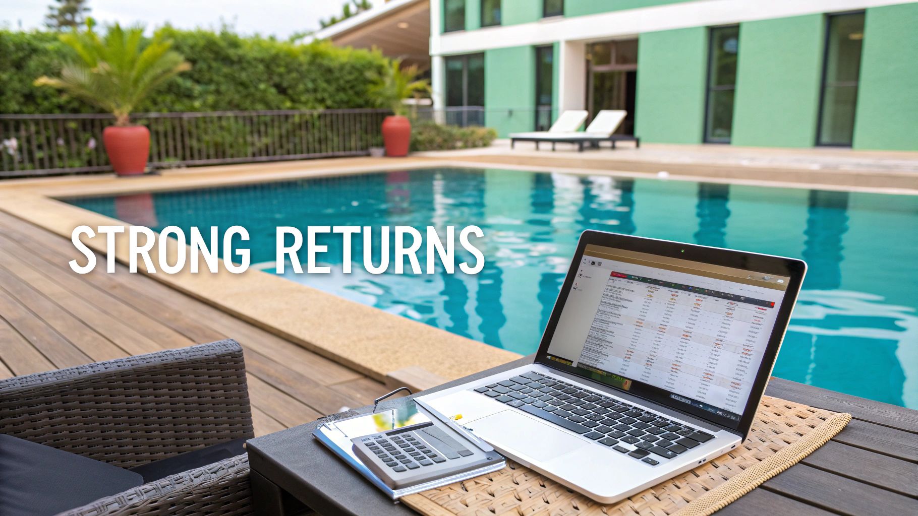 Um laptop e uma calculadora sobre uma mesa ao lado de uma piscina, com a inscrição 'STRONG RETURNS' (retornos expressivos).