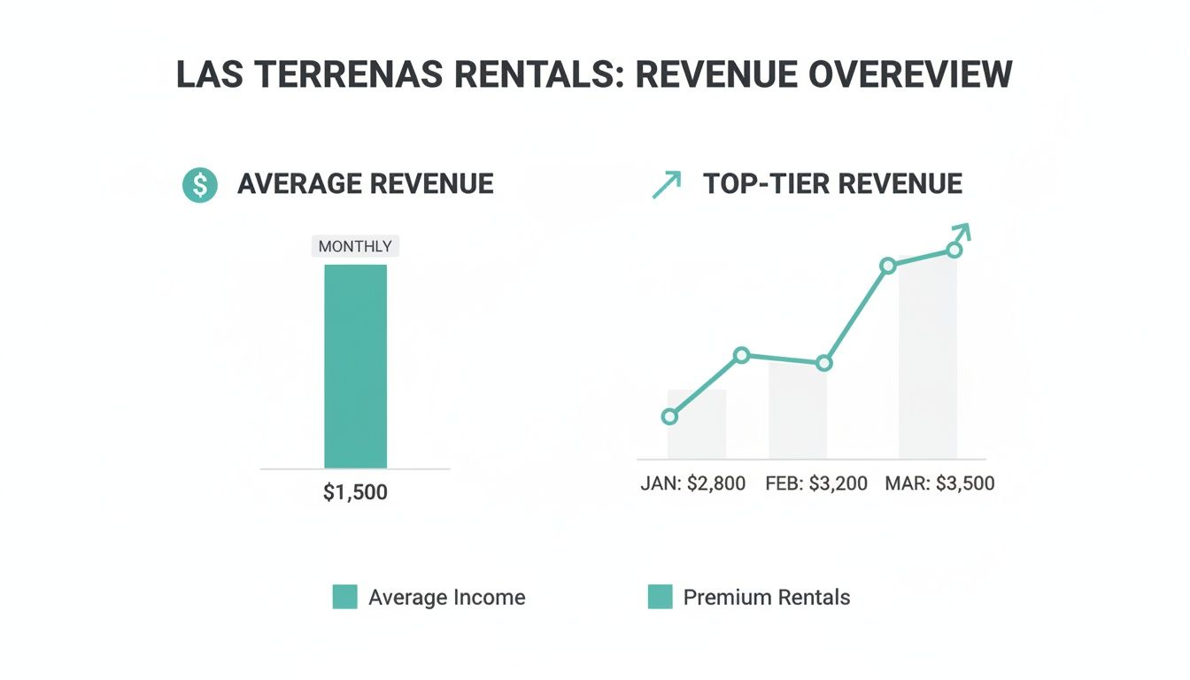 Un panel que muestra una descripción general de los ingresos por alquiler de Las Terrenas, comparando los ingresos mensuales promedio y los de primer nivel.