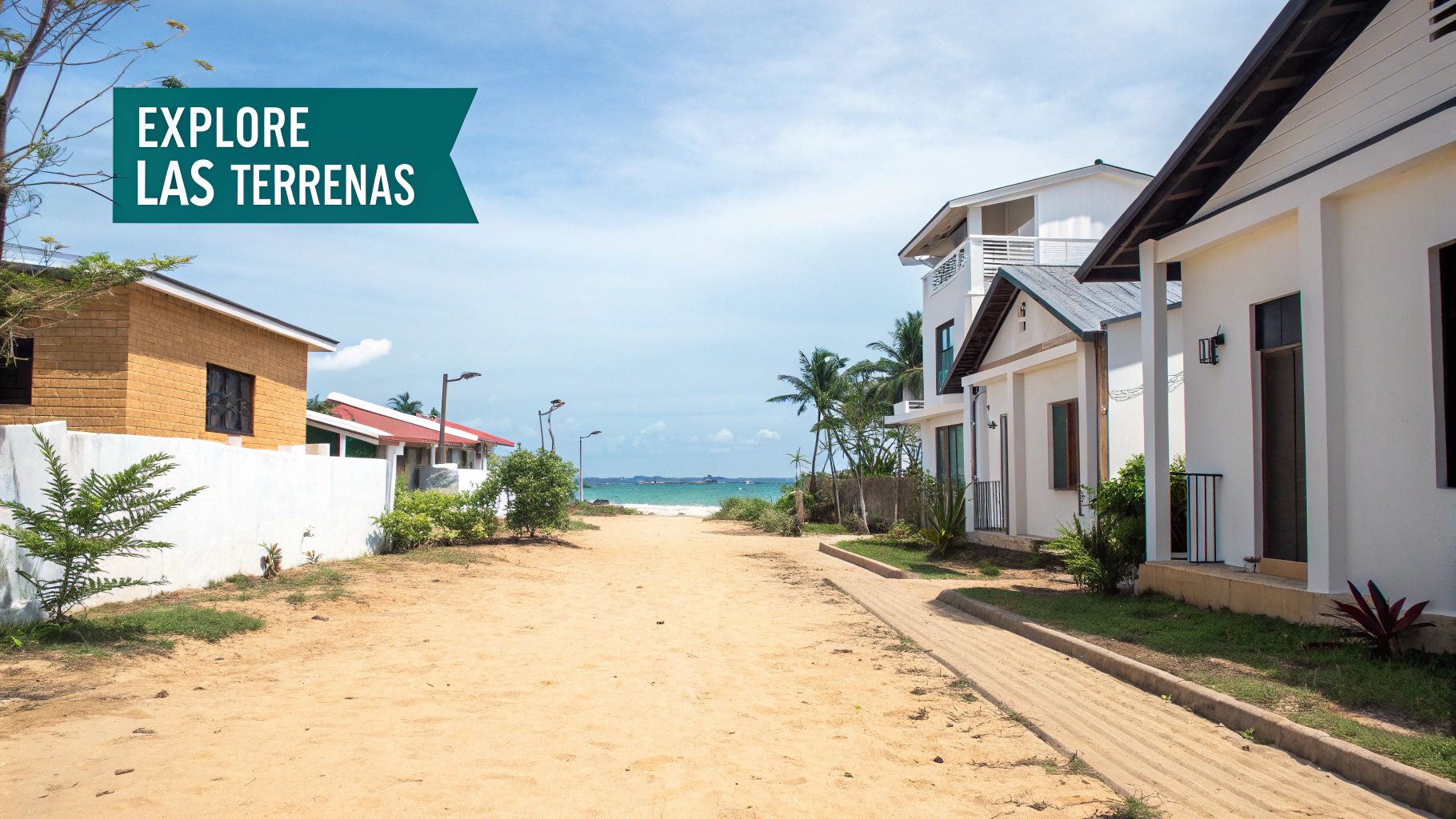 Un chemin de sable serpente entre des maisons tropicales jusqu'à une plage ensoleillée et un océan turquoise.