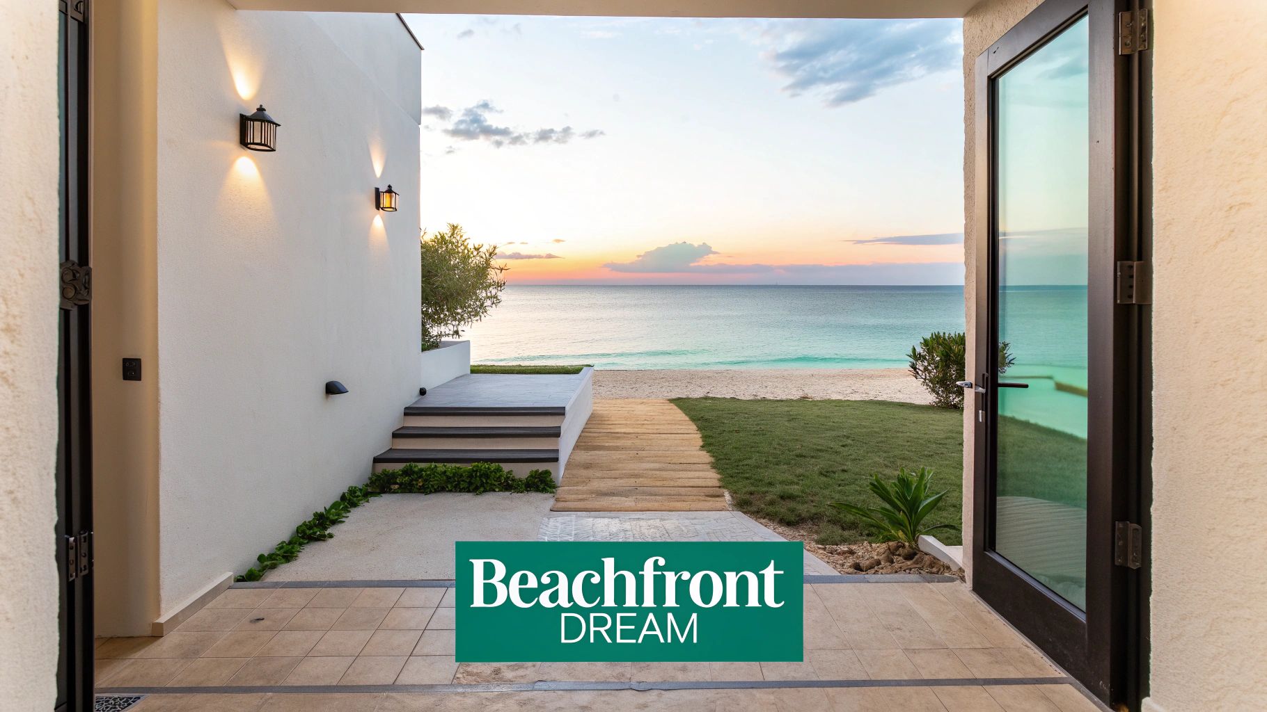 Una vista impresionante desde una casa moderna que conduce a una playa de arena y al tranquilo océano al atardecer.