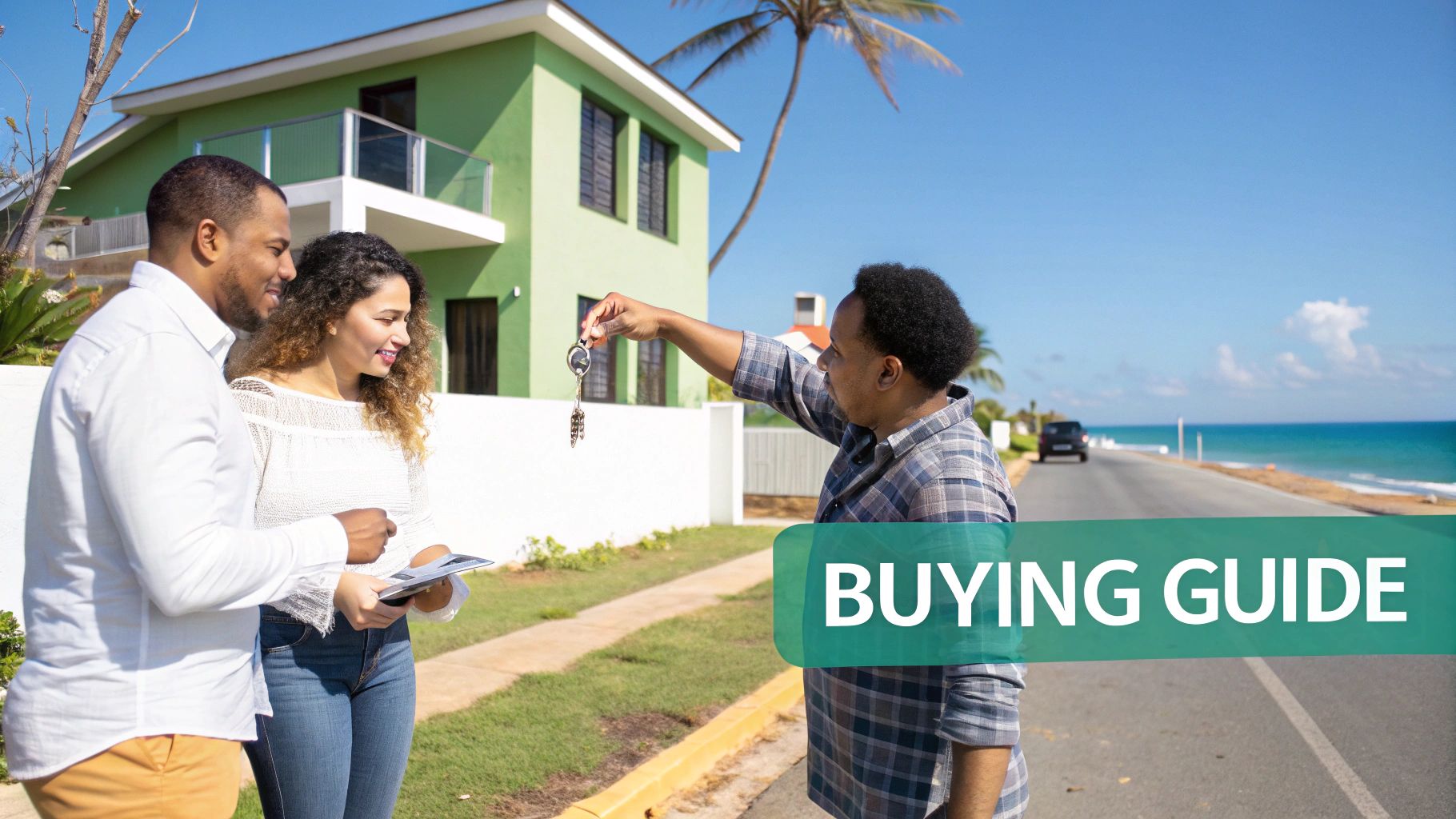 Un couple reçoit les clés de sa maison des mains d'un agent immobilier devant une maison tropicale verdoyante.