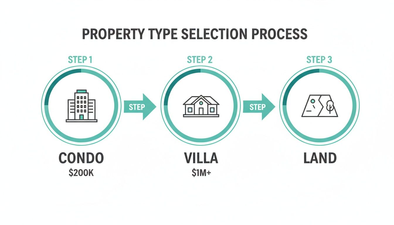 Organigramme illustrant le processus de sélection de propriété avec trois options : Condo (200 000 $), Villa (1 M$ et plus) et Terrain.