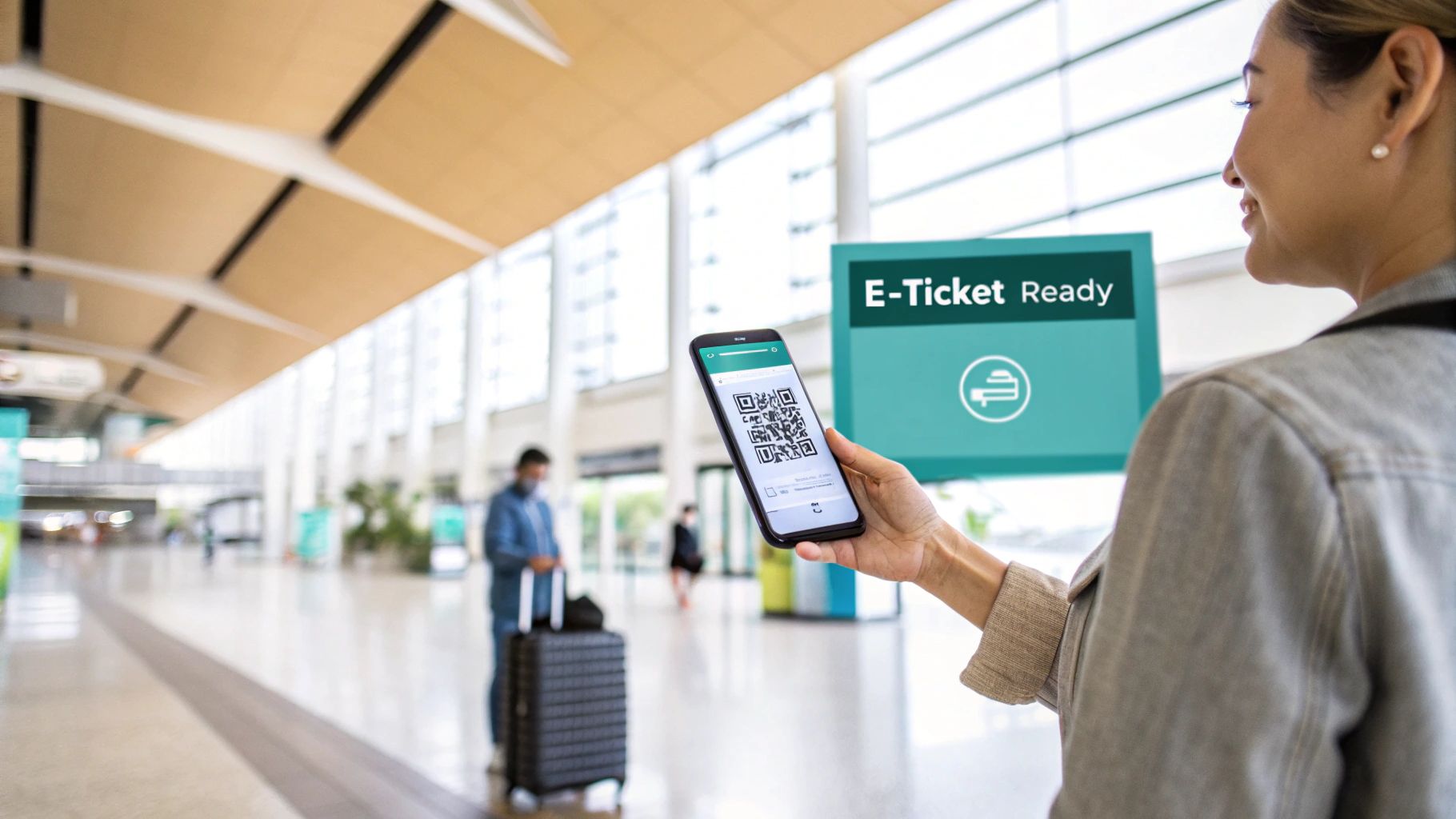 Mujer sosteniendo un teléfono inteligente con un billete electrónico con código QR en la moderna terminal del aeropuerto para viajar