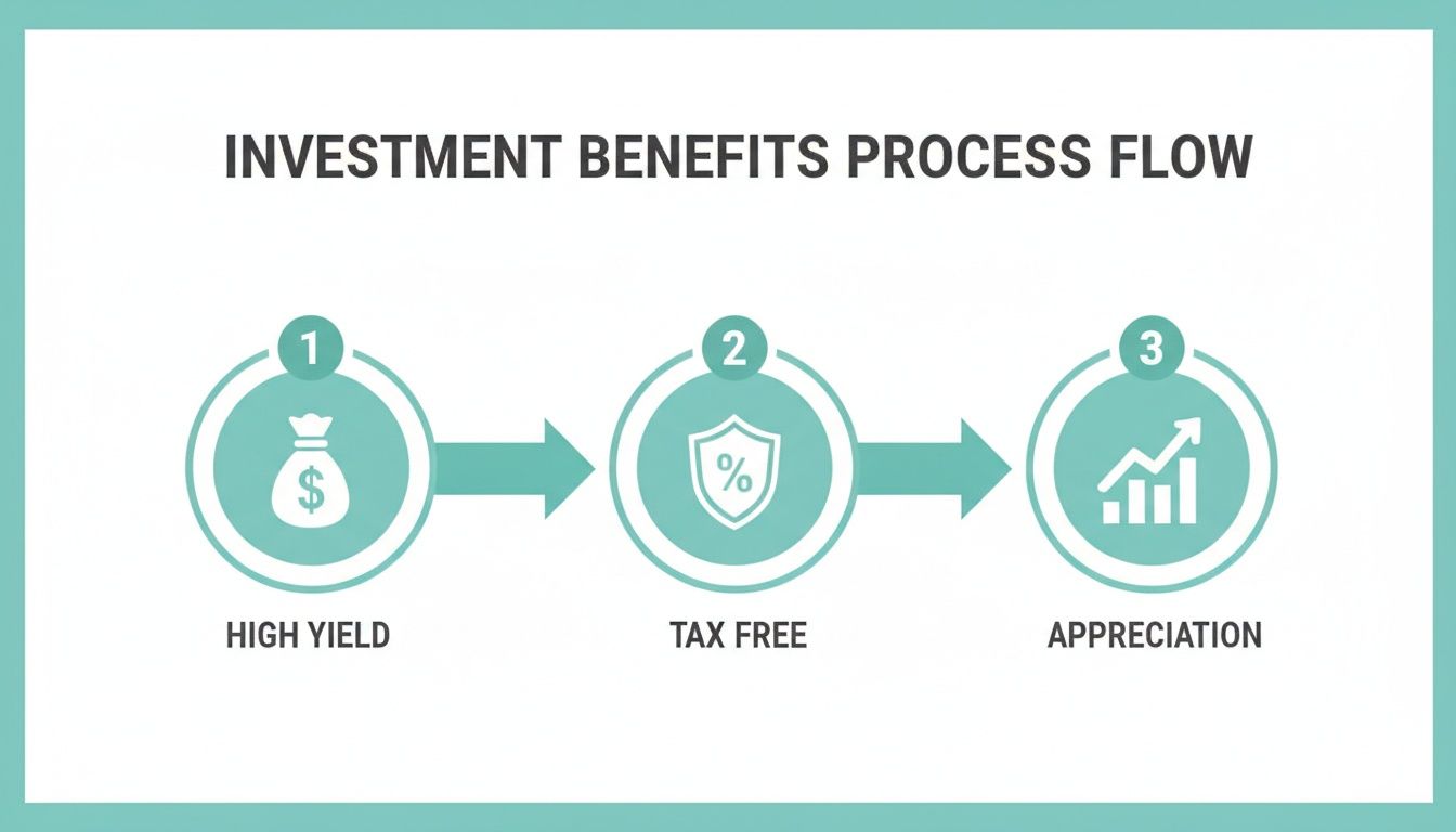 Un processus en trois étapes illustrant les avantages de l'investissement : rendement élevé, gains non imposables et plus-value.