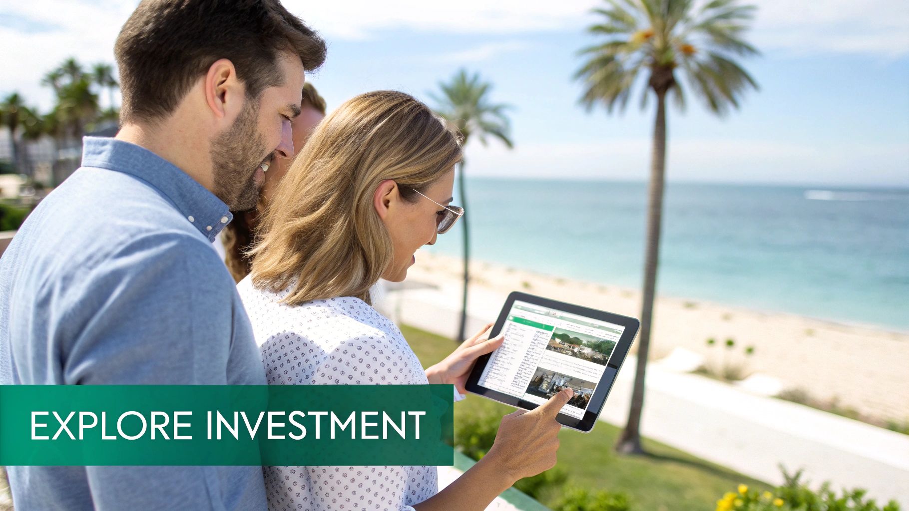 Un couple contemple pensivement une villa de luxe avec piscine, sur fond de paysage tropical à Las Terrenas.